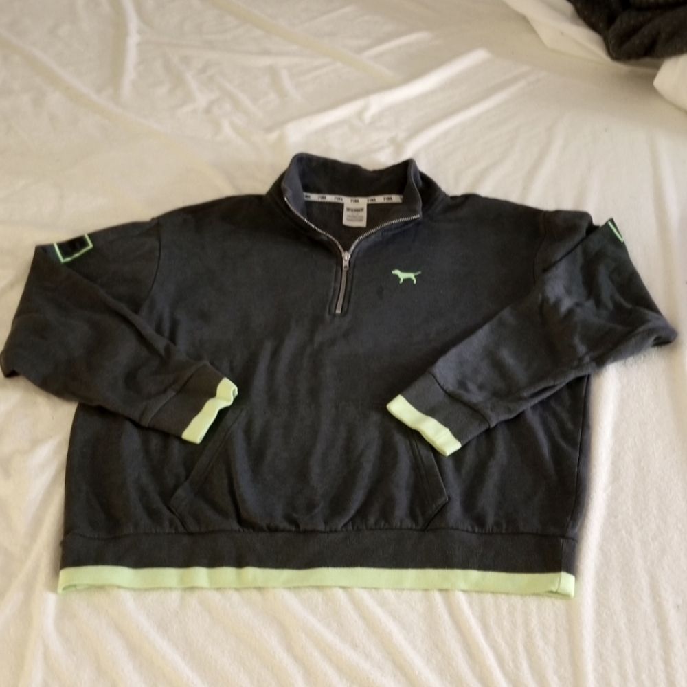 Victoria's Secret PINK!Boyfriend Dark Grey/Lime Green Half Zip Sweatshirt/